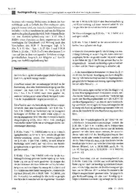 Vorschauseite 5: Rückforderung von Ausbildungsförderung wegen fehlerhafter Berechnung des EinkommensBAföG § 11 Abs. 1, § 12 Abs. 2, § 14a, § 20 Abs. 1 Satz 1 Nr. 3; HärteV § 6, § 7; SGB X § 44 bis…