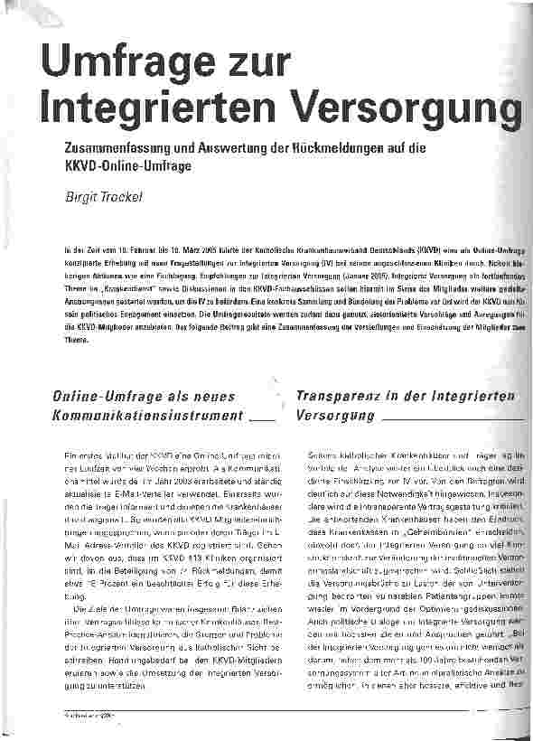 Vorschauseite 1: Umfrage zur Integrierten VersorgungZusammenfassung und Auswertung der Rückmeldungen auf die KKVD-Online-Umfrage