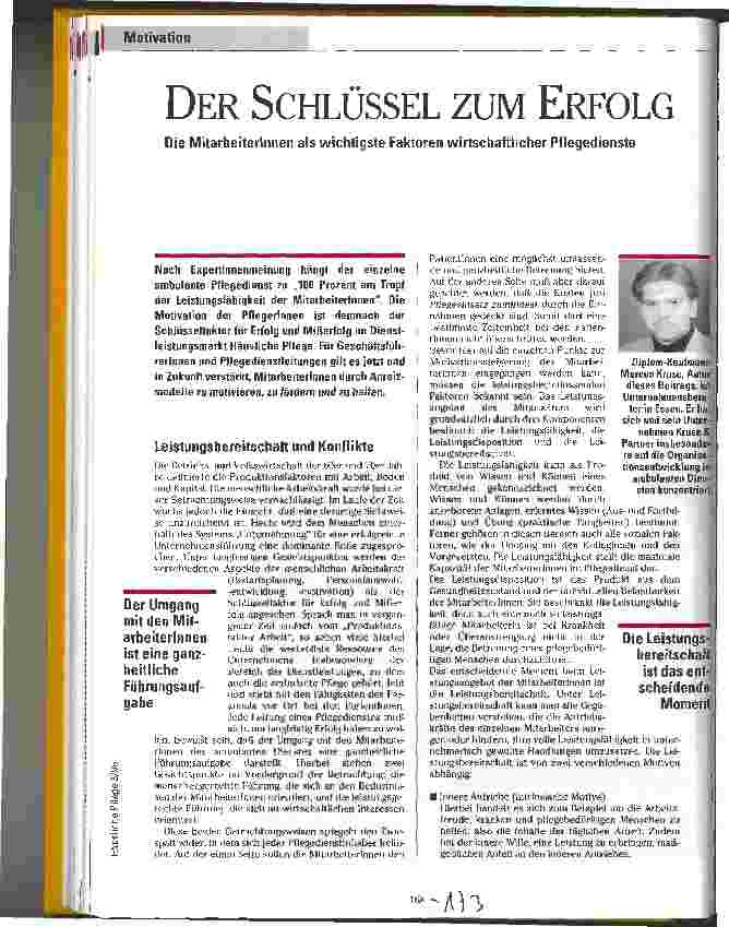 Vorschauseite 1: Der Schlüssel zum Erfolg Die MitarbeiterInnen als wichtigste Faktoren wirtschaftlicher Pflegedienste