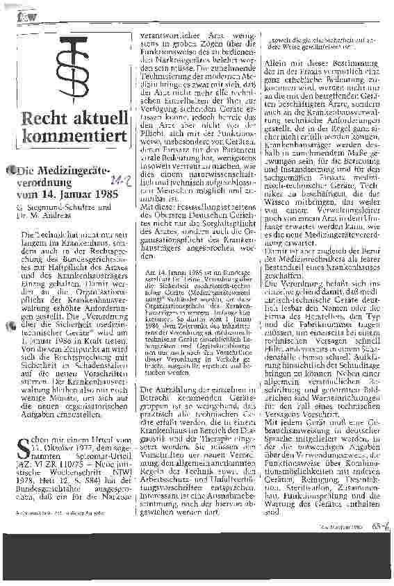 Vorschauseite 1: Die Medizingeräteverordnung vom 14. Jan. 1985