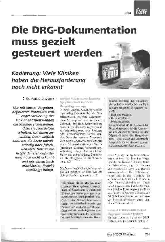Vorschauseite 1: Die DRG-Dokumentation muss gezielt gesteuert werdenKodierung: Viele Kliniken haben die Herausforderung noch nicht erkannt