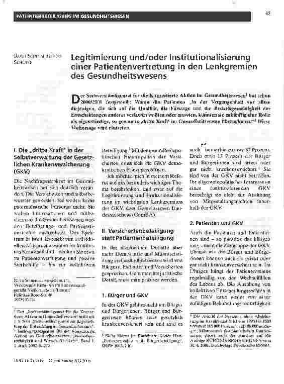 Vorschauseite 1: Legitimierung und/oder Institutionalisierung einer Patientenvertretung in den Lenkgremien des Gesundheitswesens