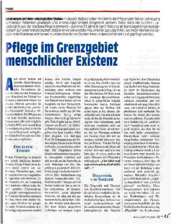Vorschauseite 1: Pflege im Grenzgebiet menschlicher Existenz Erfahrungen auf einer onkologischen Station
