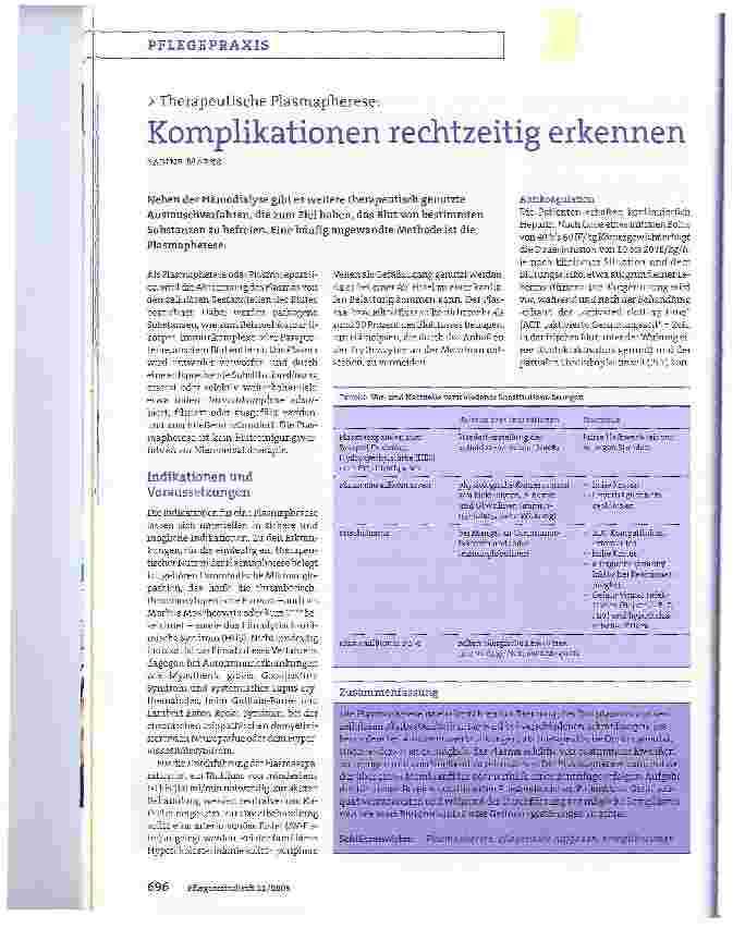 Vorschauseite 1: Therapeutische Plasmapherese:Komplikationen rechtzeitig erkennen