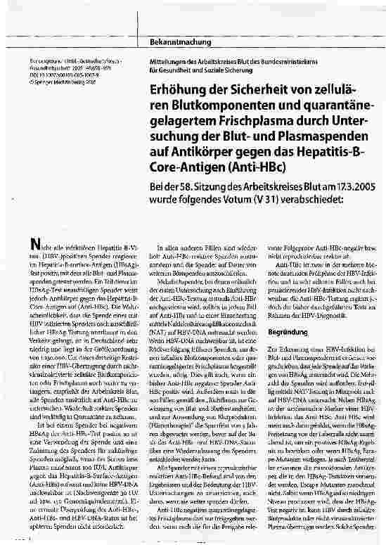 Vorschauseite 1: Erhöhung der Sicherheit von zellulären Blutkomponenten und quarantänegelagertem Frischplasma durch Untersuchung der Blutund Plasmaspenden auf Antikörper gegen das Hepatitis-B-Core…