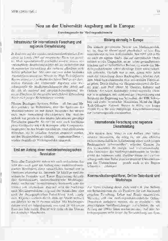 Vorschauseite 1: Neu an der Universität Augsburg und in Europa:Forschungsstelle für Medizinprodukterecht