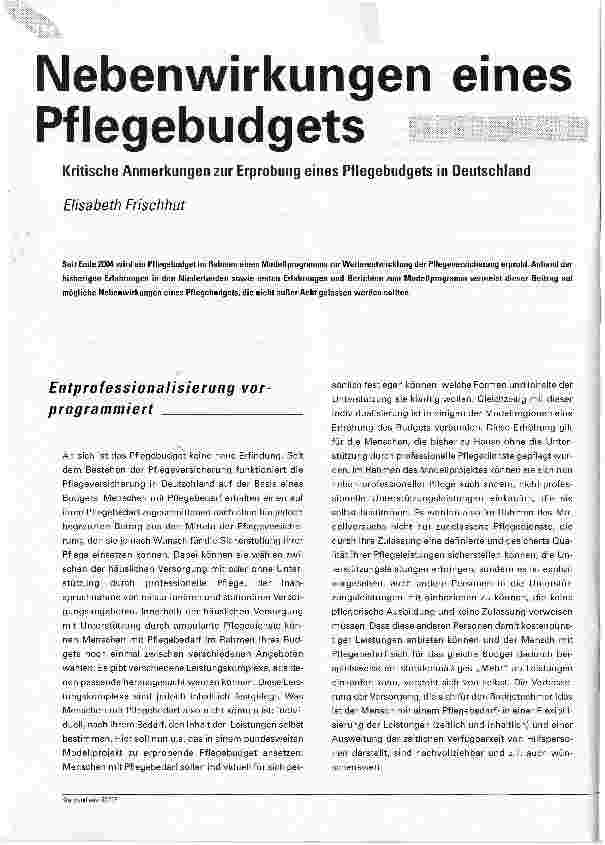 Vorschauseite 1: Nebenwirkungen eines PflegebudgetsKritische Anmerkungen zur Erprobung eines Pflegebudgets in Deutschland