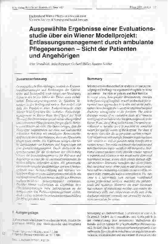 Vorschauseite 1: Ausgewählte Ergebnisse einer Evaluationsstudie über ein Wiener Modellprojekt: Entlassungsmanagement durch ambulante Pflegepersonen - Sicht der Patienten und Angehörigen