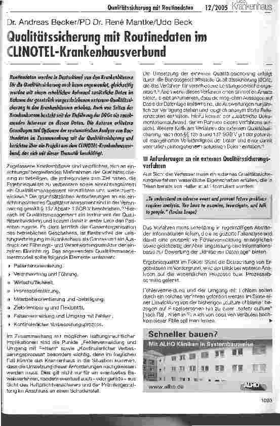 Vorschauseite 1: Qualitätssicherung mit Routinedaten im CLINOTEL-Krankenhausverbund