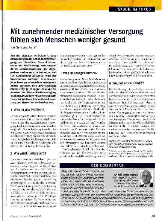 Vorschauseite 1: Mit zunehmender medizinischer Versorgung fühlen sich Menschen weniger gesund