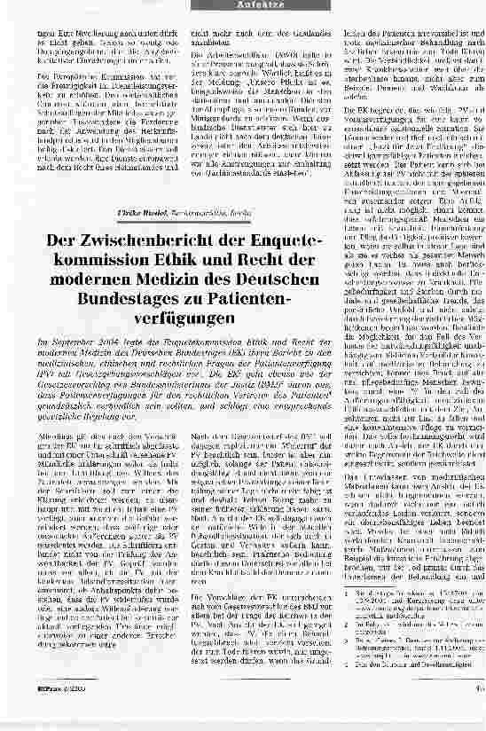 Vorschauseite 1: Der Zwischenbericht der Enquetekommission Ethik und Recht der modernen Medizin des Deutschen Bundestages zu Patientenverfügungen