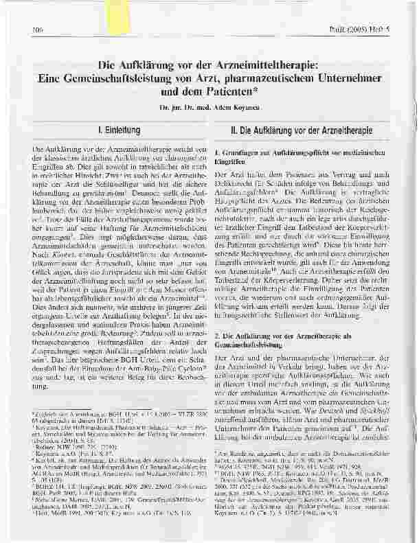 Vorschauseite 1: Die Aufklärung vor der Arzneimitteltherapie:Eine Gemeinschaftsleistung von Arzt, pharmazeutischem Unternehmer und dem Patienten