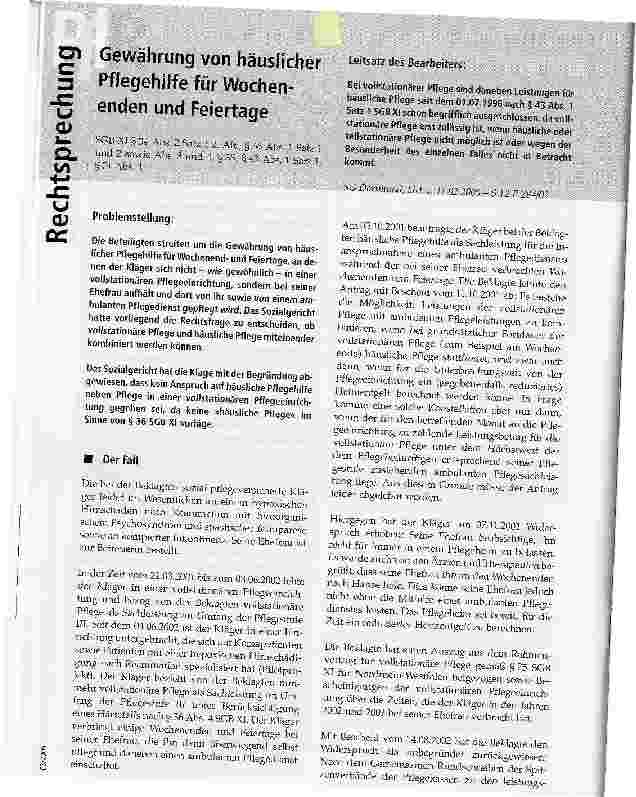 Vorschauseite 1: Gewährung von häuslicher Pflegehilfe für Wochenenden und Feiertage