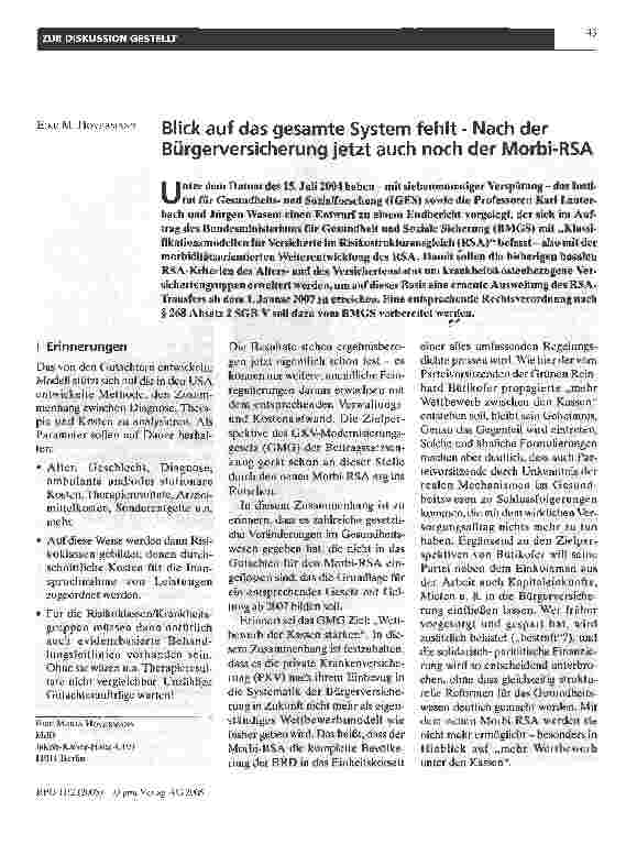 Vorschauseite 1: Blick auf das gesamte System fehlt - Nach der Bürgerversicherung jetzt auch noch der Morbi-RSA