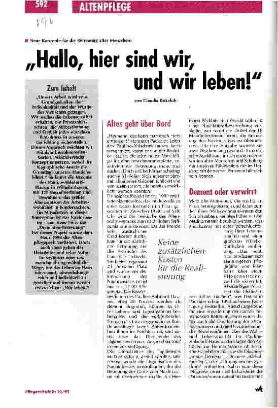 Vorschauseite 1: Hallo, hier sind wir, und wir leben! Neue Konzepte für die Betreuung alter Menschen