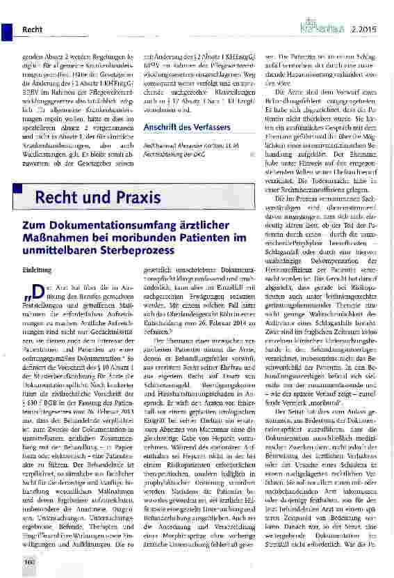 Vorschauseite 1: Zum Dokumentationsumfang ärztlicher Maßnahmen bei moribunden Patienten im unmittelbaren Sterbeprozess