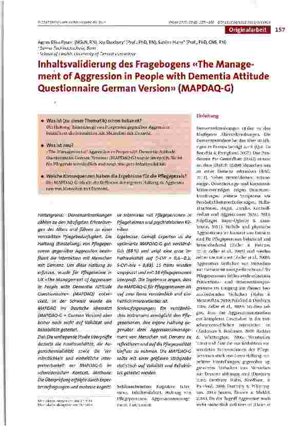 Vorschauseite 1: Inhaltsvalidierung des Fragebogens «The Manage-ment of Aggression in People with Dementia Attitüde Questionnaire German Version» (MAPDAQ-G)
