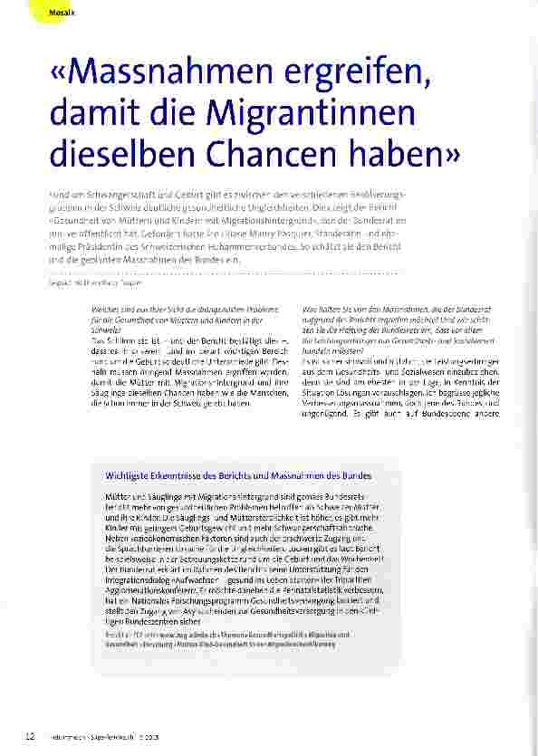 Vorschauseite 1: «Massnahmen ergreifen, damit die Migrantinnen dieselben Chancen haben»