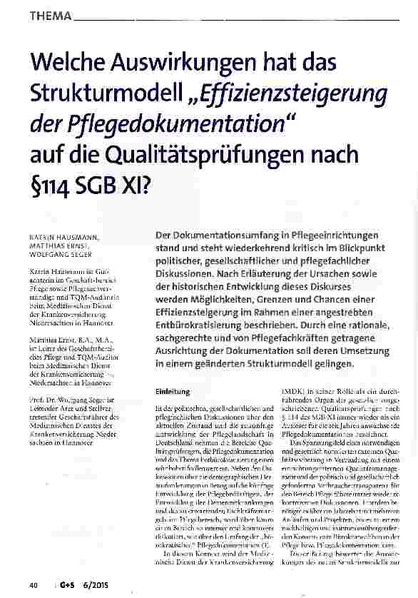 Vorschauseite 1: Welche Auswirkungen hat das Strukturmodell „Effizienzsteigerung der Pflegedokumentation auf die Qualitätsprüfungen nach §114 SGB XI?