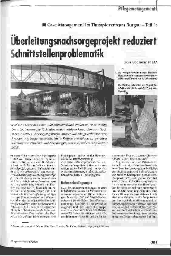 Vorschauseite 1: Case Management im Therapiezentrum Burgau -Teil 1:Überleitungsnachsorgeprojekt reduziert Schnittstellenproblematik