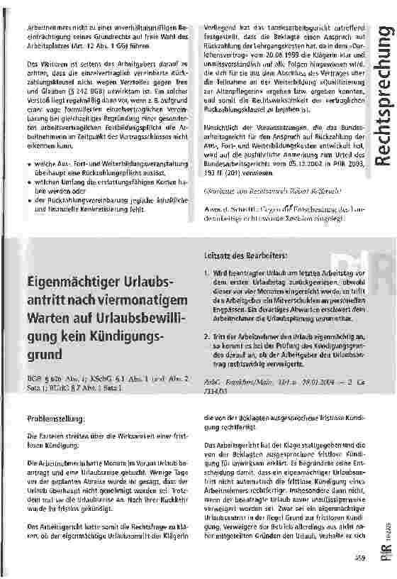 Vorschauseite 1: Eigenmächtiger Urlaubsantritt nach viermonatigem Warten auf Urlaubsbewilligung kein Kündigungsgrund