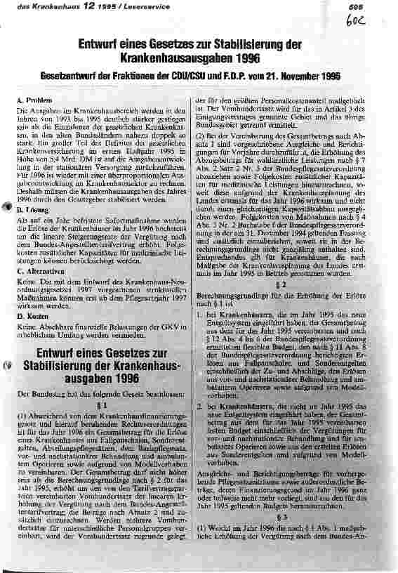 Vorschauseite 1: Entwurf eines Gesetzes zur Stabilisierung der Krankenhausausgaben 1996 Gesetzentwurf der CDU/CSU und F.D.P vom 21. November 1995