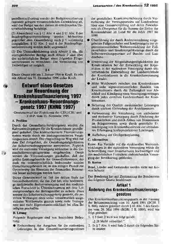 Vorschauseite 2: Entwurf eines Gesetzes zur Stabilisierung der Krankenhausausgaben 1996 Gesetzentwurf der CDU/CSU und F.D.P vom 21. November 1995