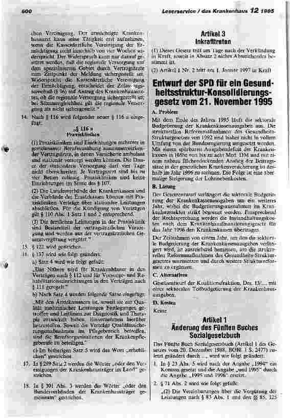 Vorschauseite 6: Entwurf eines Gesetzes zur Stabilisierung der Krankenhausausgaben 1996 Gesetzentwurf der CDU/CSU und F.D.P vom 21. November 1995