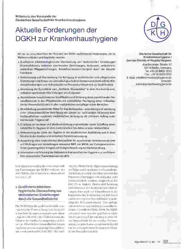 Vorschauseite 1: Aktuelle Forderungen der DGKH zur Krankenhaushygiene