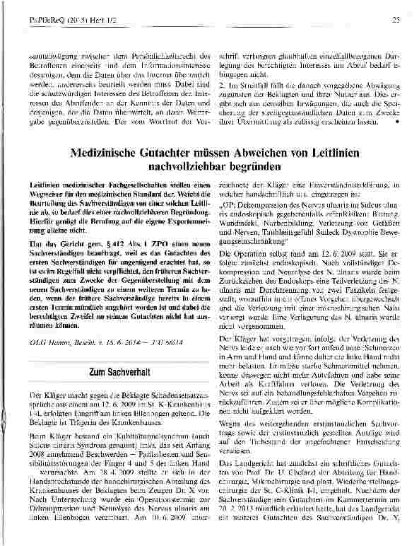 Vorschauseite 1: Medizinische Gutachter müssen Abweichen von Leitlinien nachvollziehbar begründen