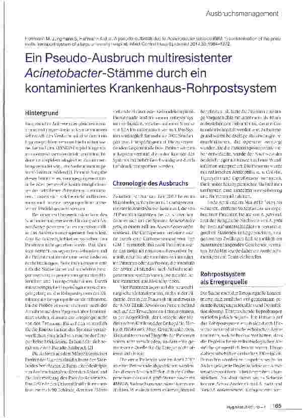 Vorschauseite 1: Ein Pseudo-Ausbruch multiresistenter Acinetobacter-SXämme durch ein kontaminiertes Krankenhaus-Rohrpostsystem