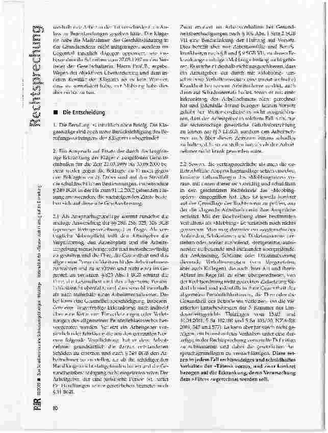 Vorschauseite 3: Zum Schadensersatz und Schmerzensgeld wegen Mobbing -Verschulden des Täters auch in Bezug auf die Erkrankung