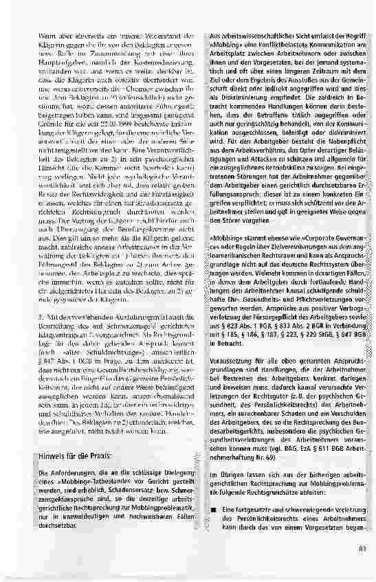 Vorschauseite 6: Zum Schadensersatz und Schmerzensgeld wegen Mobbing -Verschulden des Täters auch in Bezug auf die Erkrankung