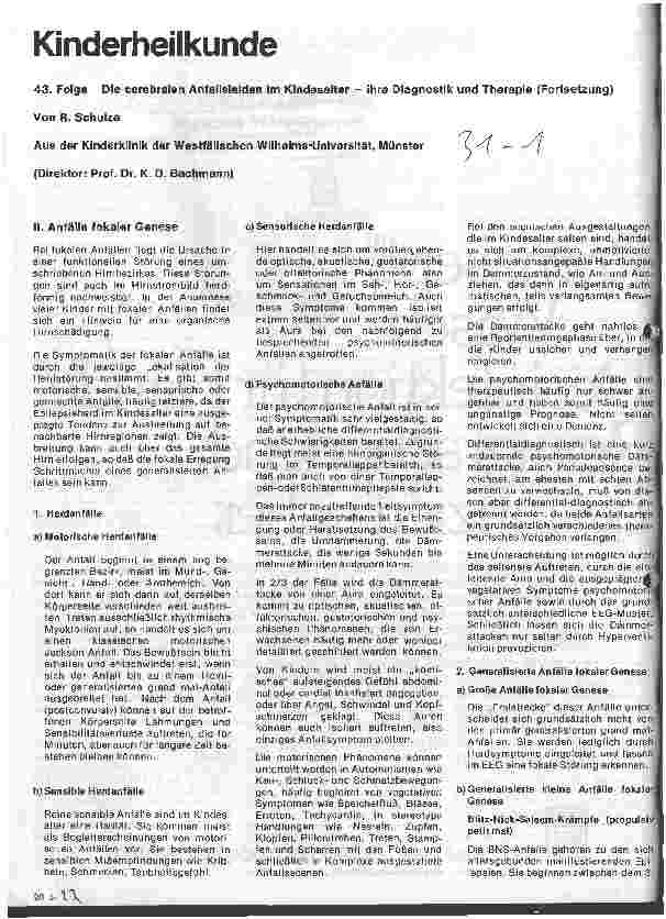 Vorschauseite 1: Kinderheilkunde 43.Folge: Die cerebralen Anfallsleiden im Kindesalter - Diagn./Therapie
