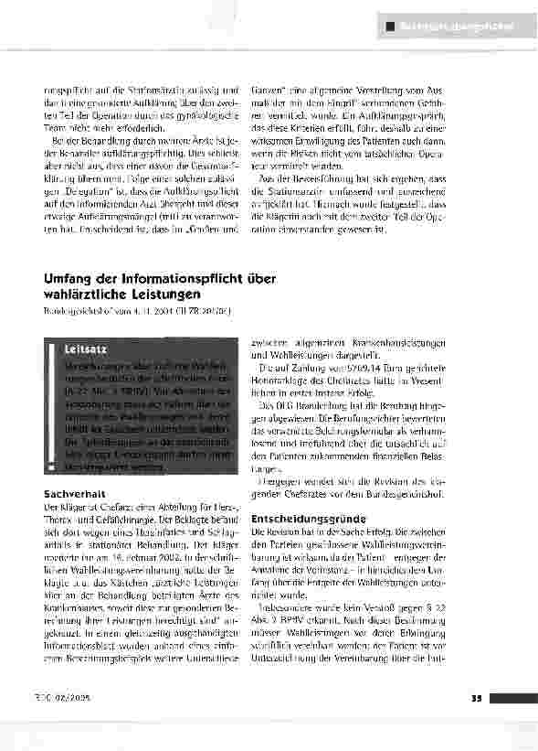 Vorschauseite 1: Umfang der Informationspflicht über wahlärztliche Leistungen