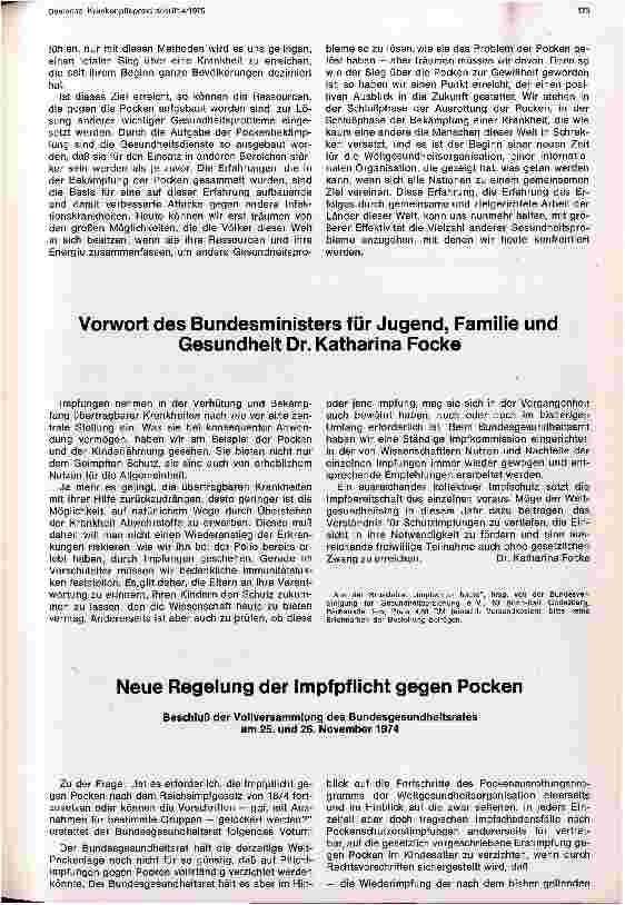 Vorschauseite 1: Neue Regelung der Impfpflicht gegen Pocken Beschluß der Vollversammlung des Bundesgesundheitsrates im November