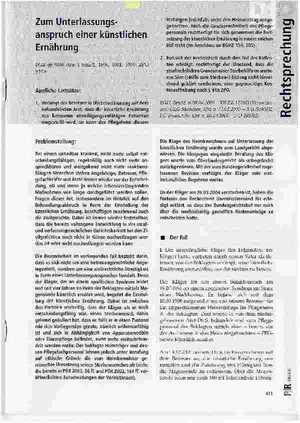 Vorschauseite 1: Zum Unterlassungsanspruch einer künstlichen Ernährung