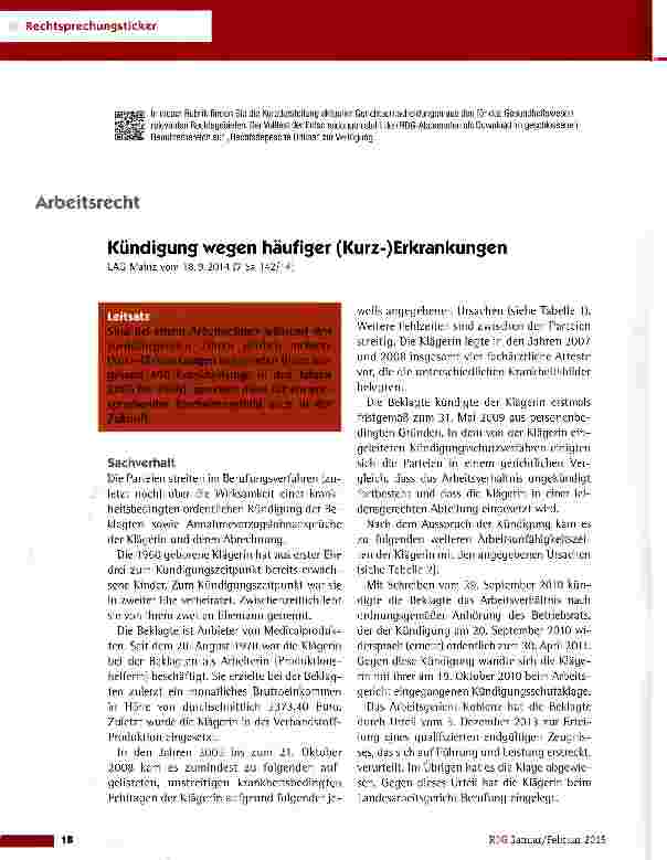 Vorschauseite 1: Kündigung wegen häufiger (Kurz-)Erkrankungen LAG Mainz vom 18.9.2014 {7 Sa 142/14)