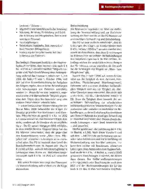 Vorschauseite 2: Infektionshygienische Leistungen einer „Hygienefachkraft als umsatzsteuerfreie Heilbehandlungen BFH vom 5. 11. 2014 (XI R 11/13)