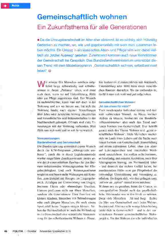 Vorschauseite 1: Gemeinschaftlich wohnen Ein Zukunftsthema für alle Generationen