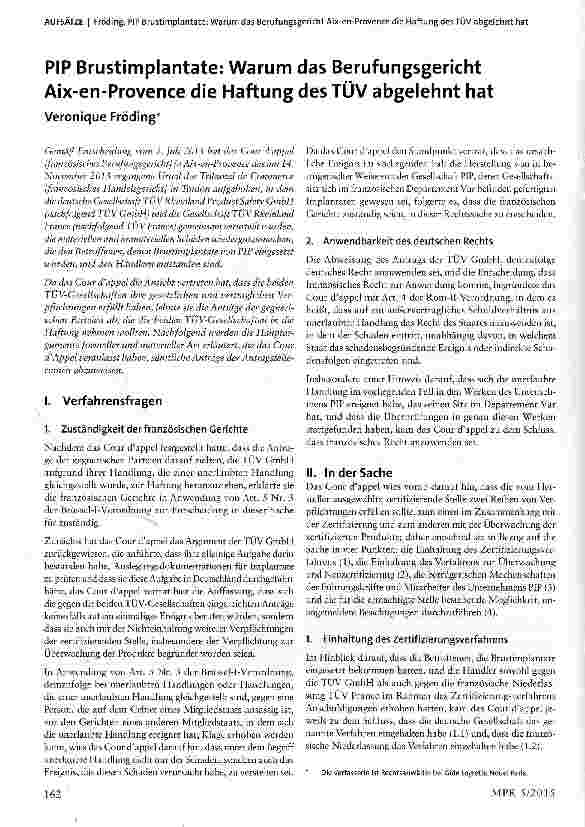 Vorschauseite 1: PIP Brustimplantate: Warum das Berufungsgericht Aix-en-Provence die Haftung des TÜV abgelehnt hat