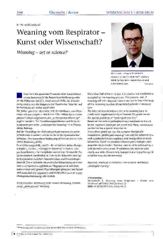 Vorschauseite 1: Weaning vom Respirator -Kunst oder Wissenschaft?