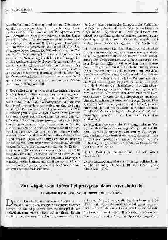 Vorschauseite 1: Zur Abgabe von Talern bei preisgebundenen Arzneimitteln