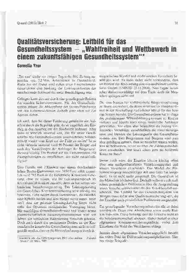 Vorschauseite 1: Qualitätsversicherung: Leitbild für das Gesundheitssystem - Wahlfreiheit und Wettbewerb in einem zukunftsfähigen Gesundheitssystem