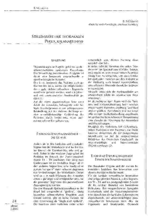 Vorschauseite 1: STELLENWERT DER THORAKALEN PERIDURALANAESTHESIE