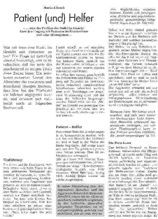 Vorschauseite 1: Patient (und) Helfer ... oder das Problem der Nudel im Gesicht: Über den Umgang mit Patienten im Krankenhaus und seine Hintergründe