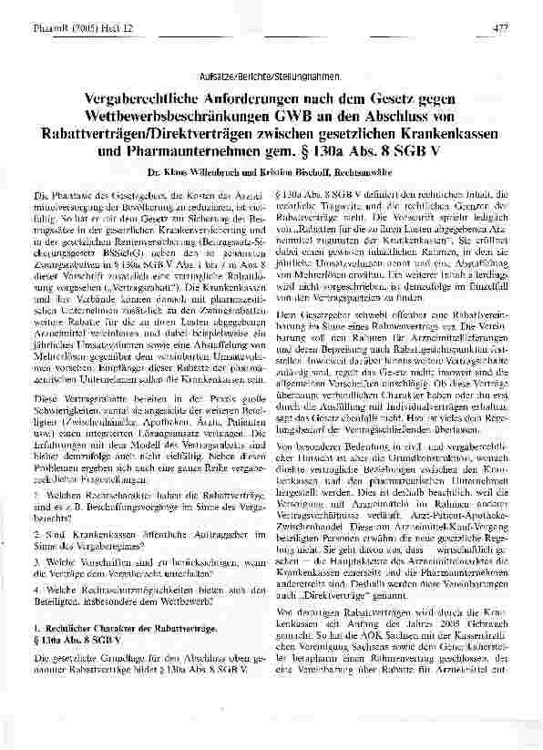 Vorschauseite 1: Vergaberechtliche Anforderungen nach dem Gesetz gegenWettbewerbsbeschränkungen GWB an den Abschluss vonRabattverträgen/Direktverträgen zwischen gesetzlichen Krankenkassenund Pharm…