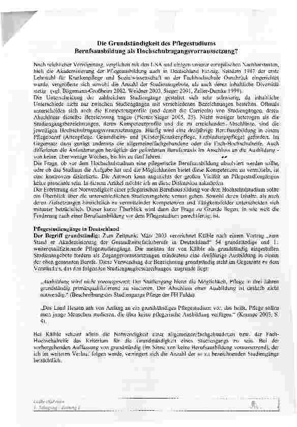 Vorschauseite 1: Die Grundständigkeit des Pflegestudiums Berufsausbildung als Hochschulzugangsvorraussetzung?