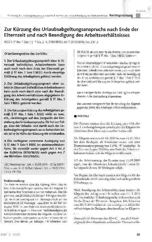 Vorschauseite 1: Zur Kürzung des Urlaubsabgeltungsanspruchs nach Ende der Elternzeit und nach Beendigung des Arbeitsverhältnisses