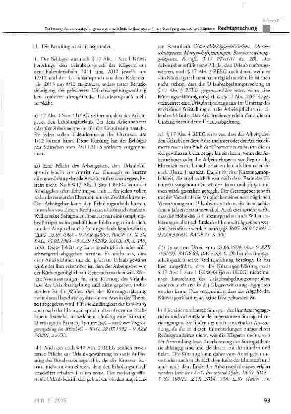 Vorschauseite 3: Zur Kürzung des Urlaubsabgeltungsanspruchs nach Ende der Elternzeit und nach Beendigung des Arbeitsverhältnisses